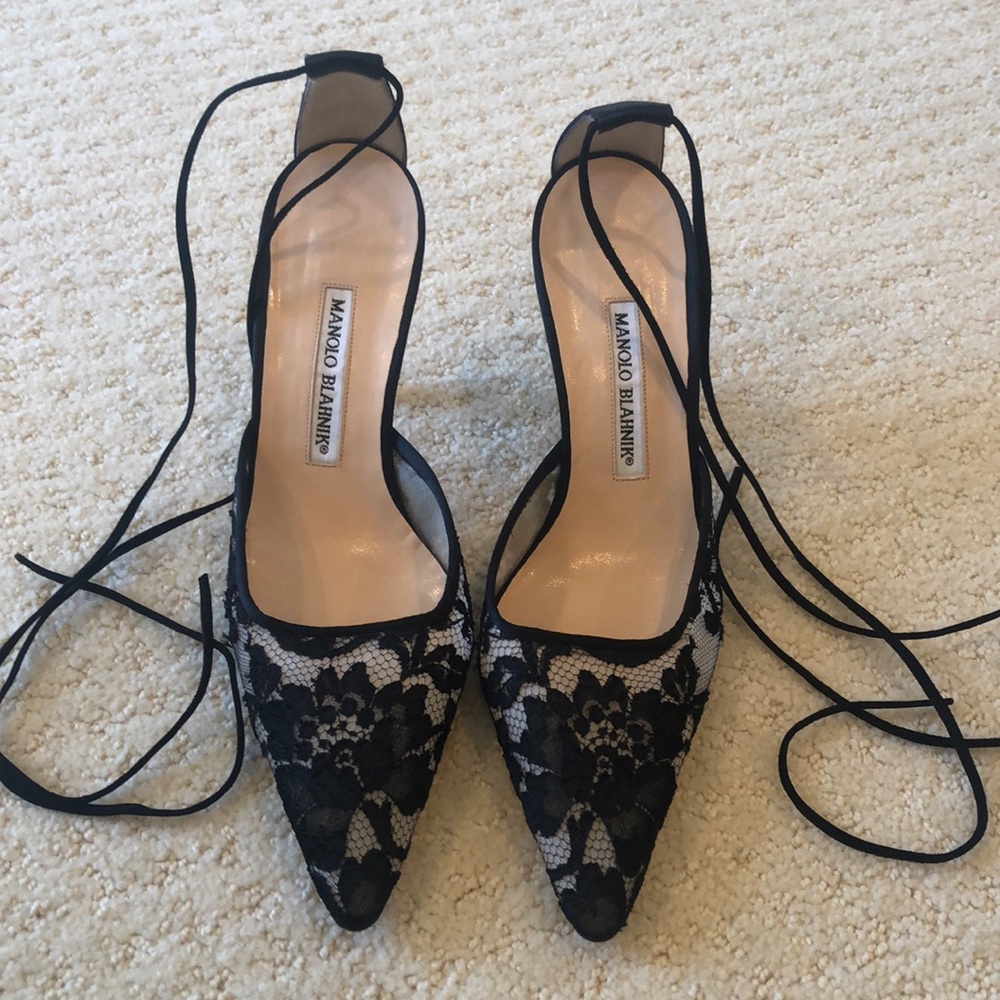 Manolo Blahnik satin and lace ankle strap pump